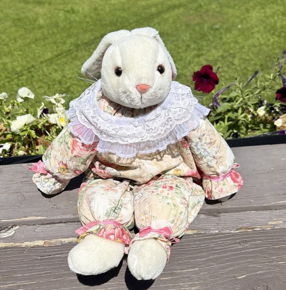 Vintage Plush Creations Bunny Rabbit Floral Dress Stuffed Animal Nursery Decor